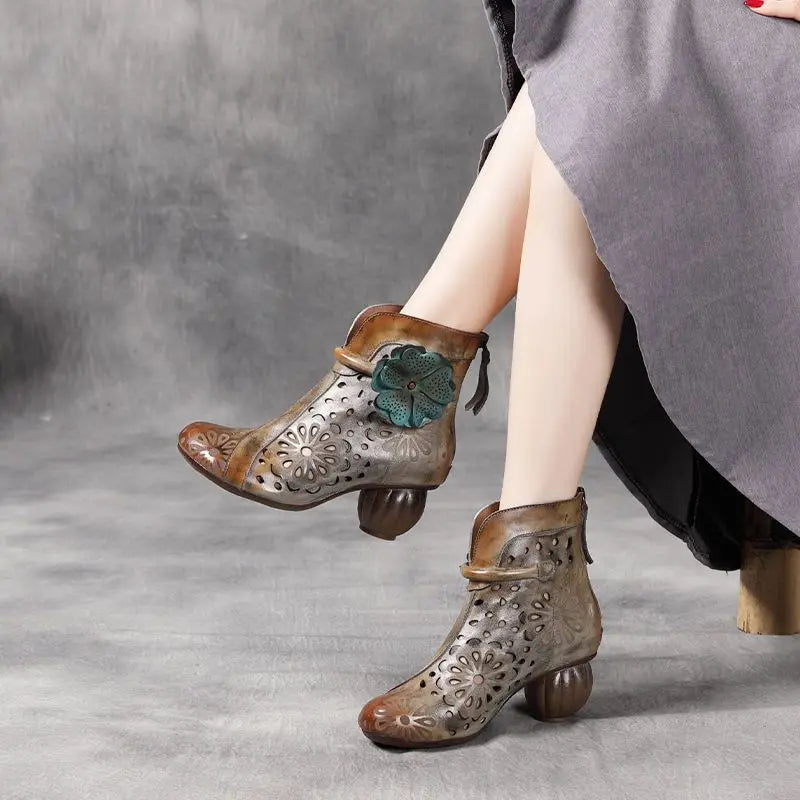 Myjyjz 6cm Genuine Leather Chunky Heels Hollow Women Shoes Ethnic Ankle Boots Zip Summer Pumps Flower Sandals (Size Runs Small）