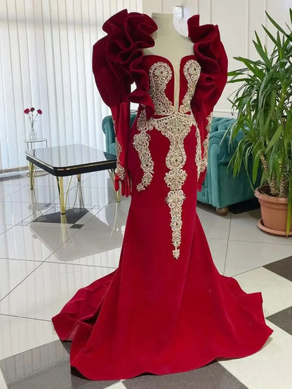 Customized Pleated Evening Dresses Retro Sequined Embroidered Dress Red Ruffled Shoulder Evening Dress Lace Party Formal Dress