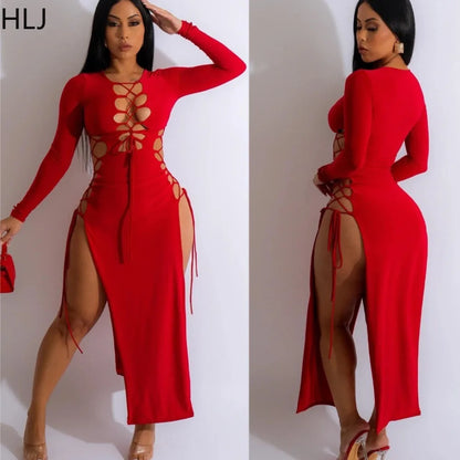 HLJ Sexy Solid Hollow Out Bandage Slit Bodycon Mid Dresses Women Round Neck Long Sleeve Slim Vestidos Fashion Party Club Clothes