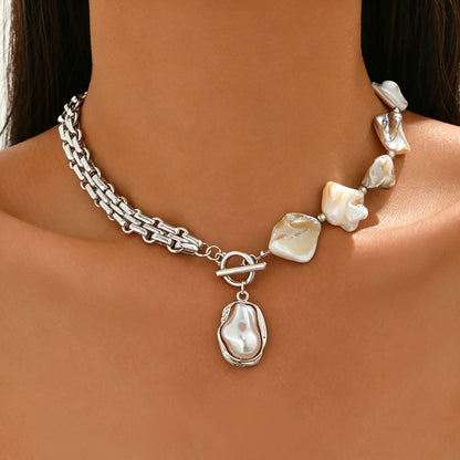 Boho Baroque Pearl Choker Necklace Asymmetric Cuban Link Chain Toggle Clasp Statement Summer Beach Jewelry Gift