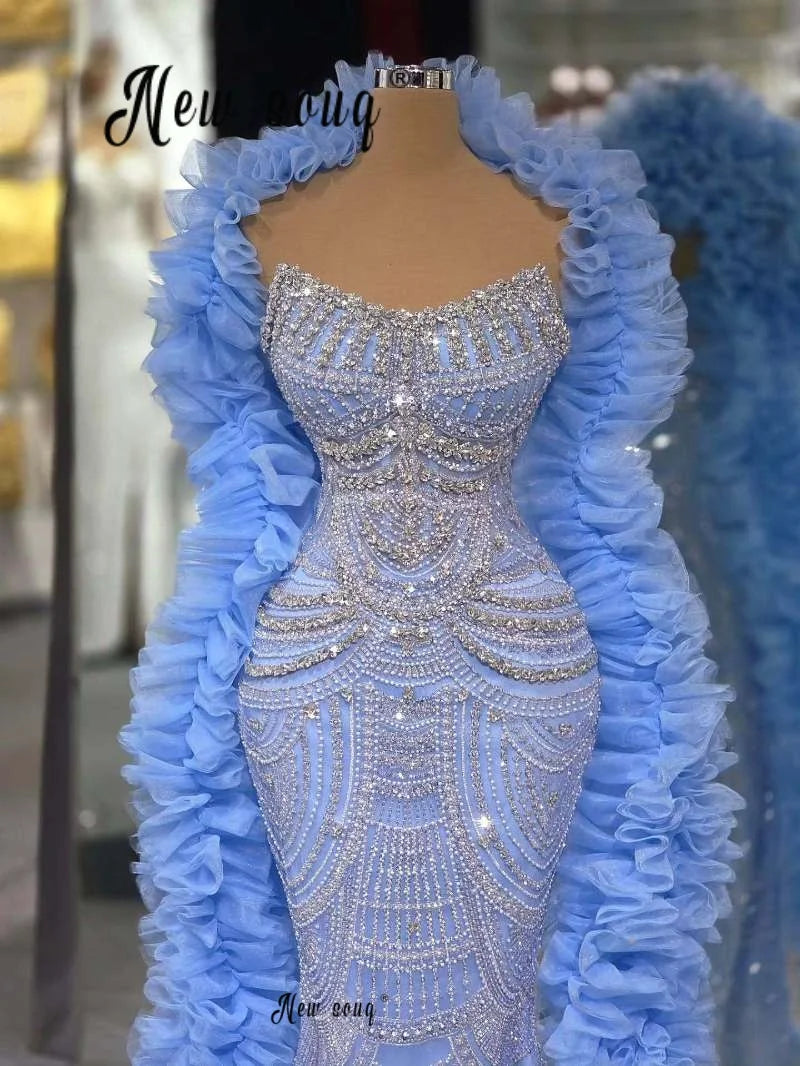 Blue Strapless Prom Dress With Detachable Long Shawl 2026 Customized Ruffles Puffy Scarf Wedding Second Reception Gown Ceremony