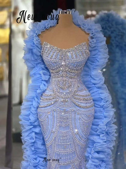 Blue Strapless Prom Dress With Detachable Long Shawl 2026 Customized Ruffles Puffy Scarf Wedding Second Reception Gown Ceremony