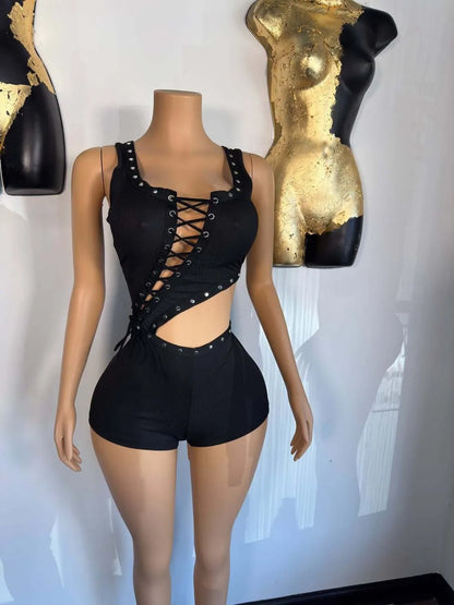 FLARORA Sexy Hollow Out Bandage Rompers Woman Trend Rivet Sleeveless Irregular Skinny Playsuits Hot Girl Party Club Streetwear
