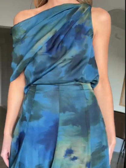 Women's Elegant Blue Watercolor Print Maxi Dress Sleeveless Cowl Neck Satin Formal Evening Gown A-line Floor Length Party Dress