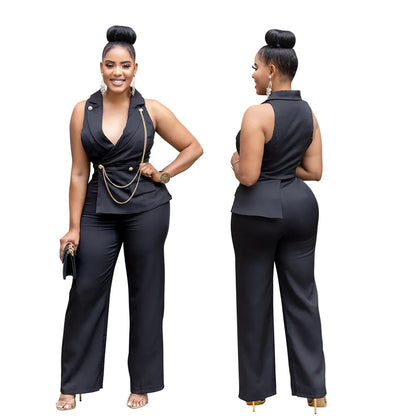 CMYAYA Elegant Womenv-neck High Waist Straight Sleeveless Blazer Jumpsuits 2024 Fall Street Chain Office Lady Party Rompers