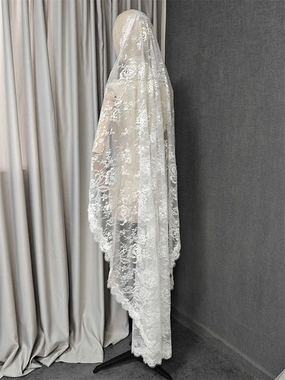 Customized Eyelash Lace Mantilla Veil, 1m/1.5m/2m/2.5m/3m Wedding Veil with Hidden Comb, Elegant One Layer Ivory Bridal Veil