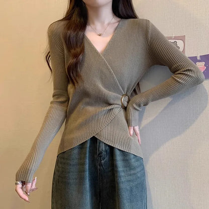 Women Wrap V Neck Ribbed Knit Top Metal Ring Buckle Flare Long Sleeve Slim Sweater