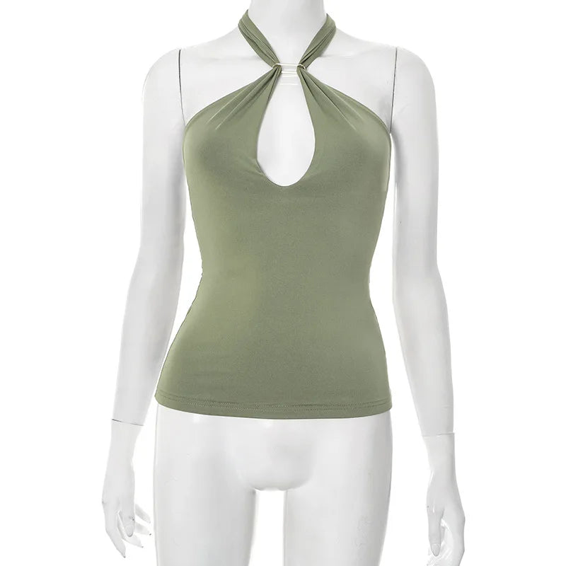 Women'S Solid Color Hanging Neck Tie Hollow Out Metal Ring Strapless Backless Tank Top Summer New Fashion Street Tank