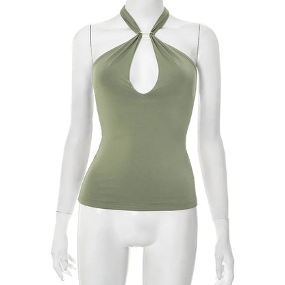 Women'S Solid Color Hanging Neck Tie Hollow Out Metal Ring Strapless Backless Tank Top Summer New Fashion Street Tank