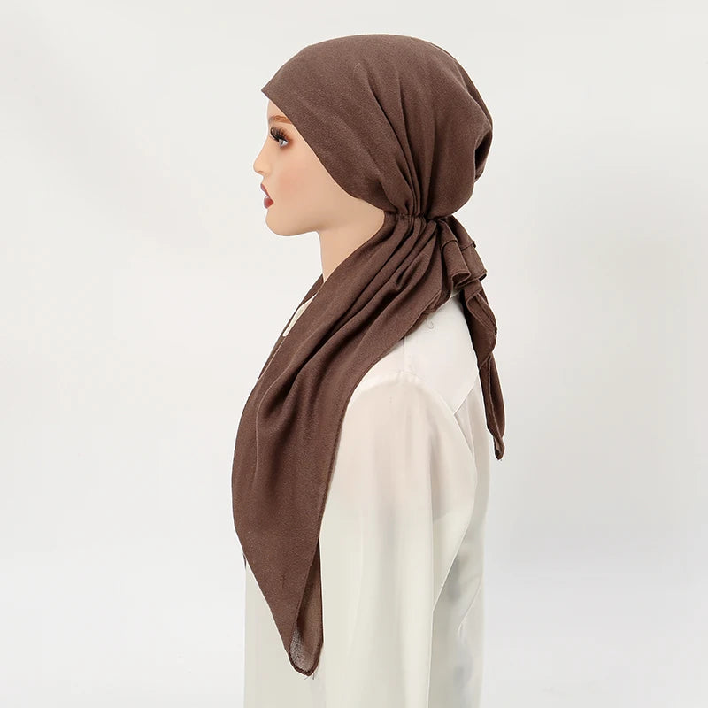 Muslim Solid Color Hijab Caps for Women Innovative Design Long Cotton Linen Soft Elasticity Head Scarf Female Handkerchief