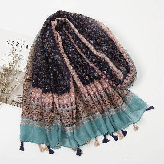 2025 Japanese Boho Linen Scarf: Vintage Floral Print Patchwork Shawl - Sun Protection Fringe Wrap Women