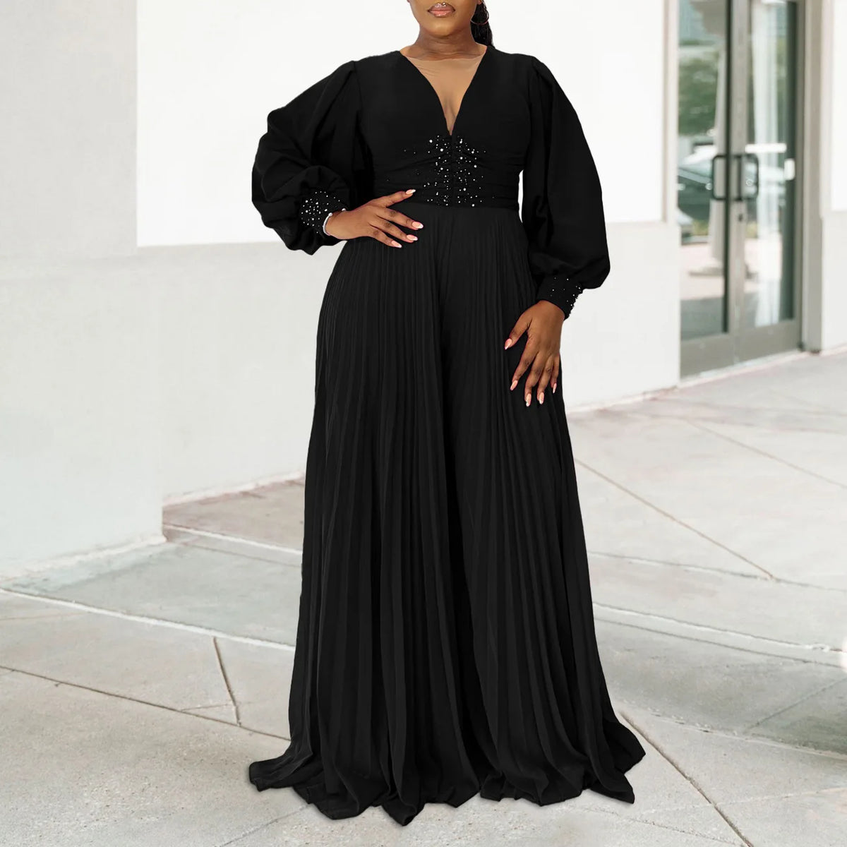 CM.YAYA Women Diamonds Long Sleeve Pleated V-neck Wide Leg Long Jumpsuits Party Beach Fashion Street Sexy Africa Outfit Rompers