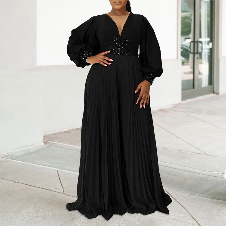 CM.YAYA Women Diamonds Long Sleeve Pleated V-neck Wide Leg Long Jumpsuits Party Beach Fashion Street Sexy Africa Outfit Rompers