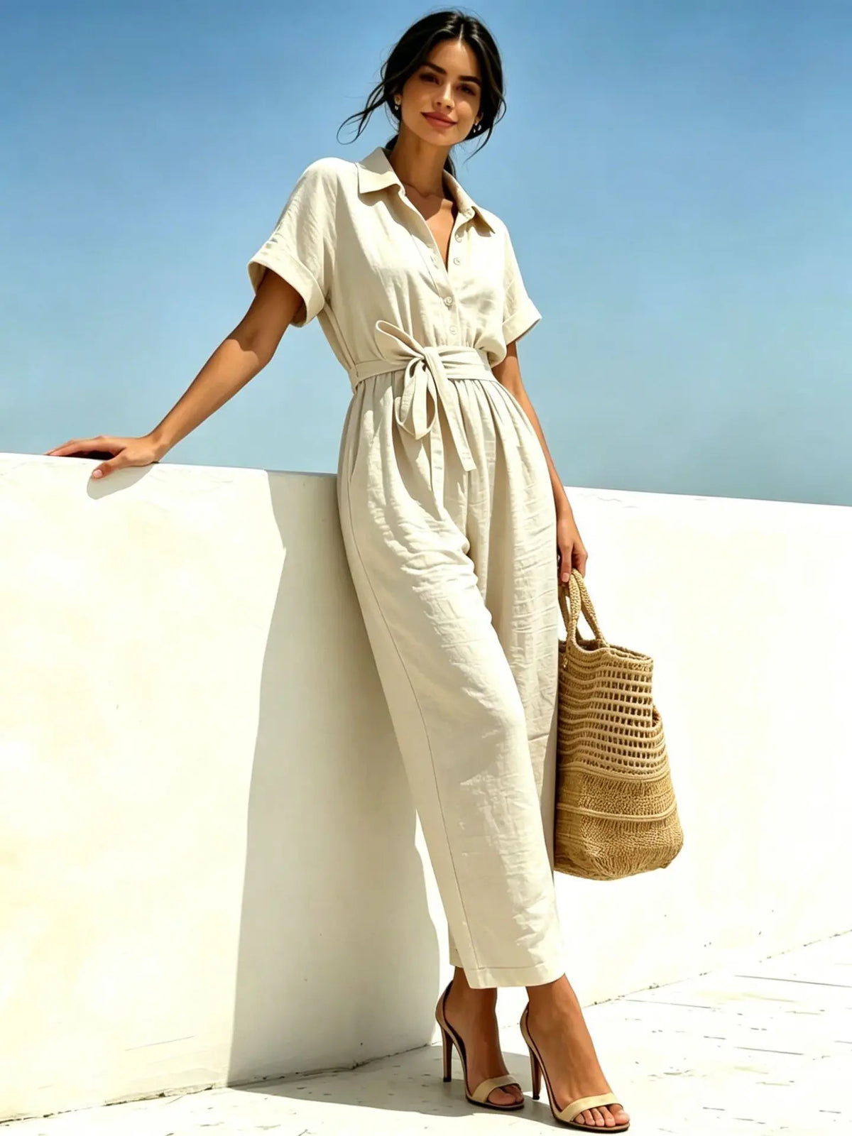 2026 Women's Shirts And Jumpsuits Fashion V-neck Lace Up Wide Legs Summer Casual Resort Female Short Sleeve Rompers Shirts Pants