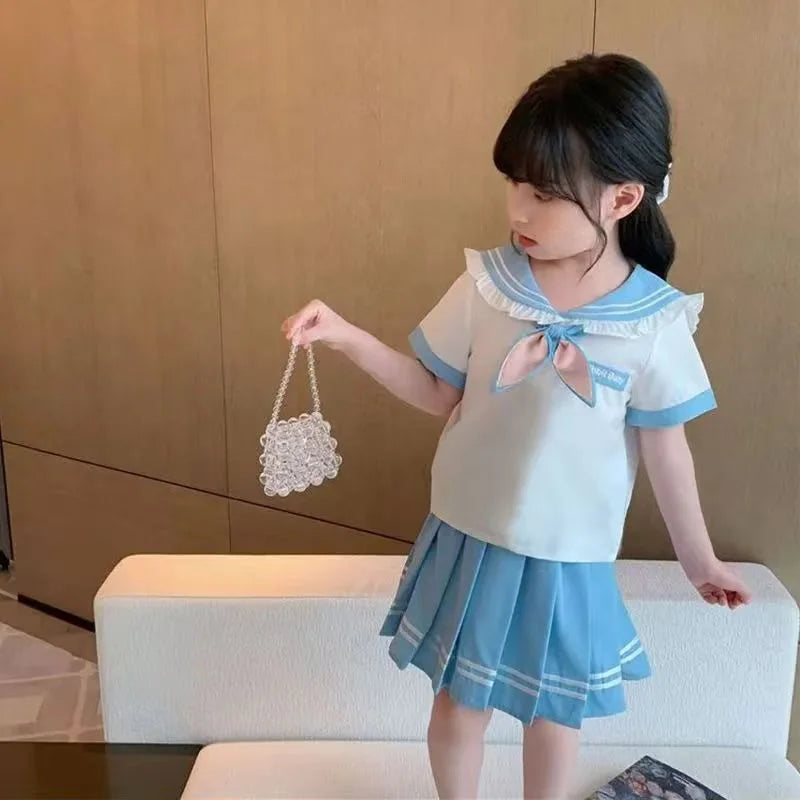Summer Children Girls Student Uniform Set kids JK Mandarin Collar T-shirts and Pleated Skirts 2 Pieces Suit Kid School Uniform