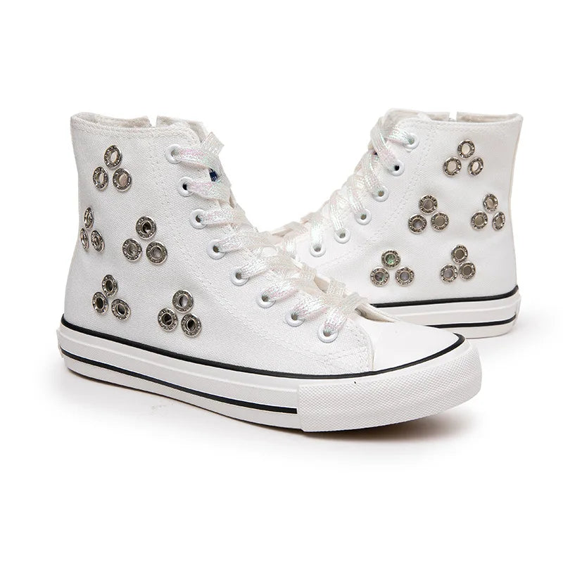 Breathable Hollow Canvas Short Boots Summer Women Black Casual Shoes Punk Rivet Flat Bottomed Shoes 2CM Woman High top Sneakers
