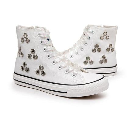Breathable Hollow Canvas Short Boots Summer Women Black Casual Shoes Punk Rivet Flat Bottomed Shoes 2CM Woman High top Sneakers