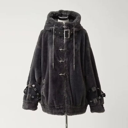 Lautaro Autumn Winter Thick Warm Faux Fur Coat Women with Hood Zipper Luxury Japanese Style Punk Harajuku Fluffy Jacket 2026