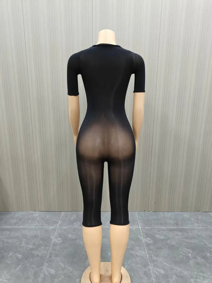 FLARORA Sexy Mesh See Through Rompers Woman Trend O Neck Short Sleeve Skinny Peach Hip Playsuits Stretch Midnight Party Clubwear