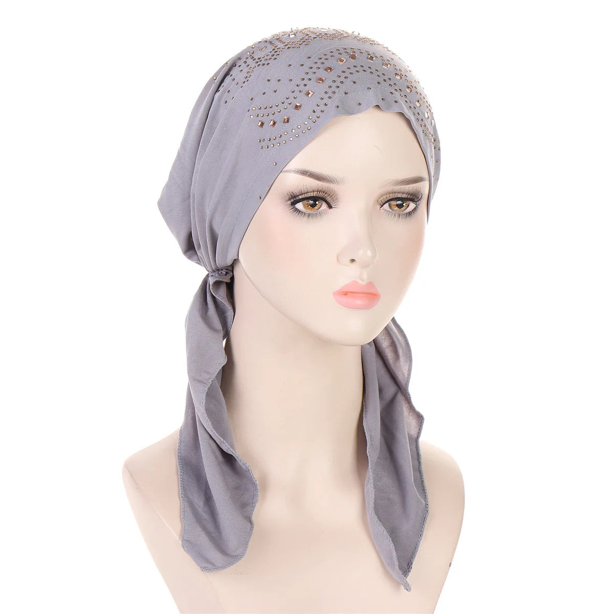 Fashion Diamond Women's Hijab Solid Color Muslim Ladies Turban Bonnet Soft Elastic Long Tail Head Wrap Head Scarf Indian Hats