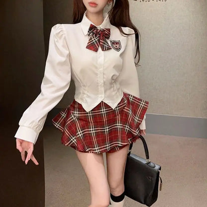 2025 improved cute sexy korea jk suit women autumn jk school uniform women shirt plaid pleated half skirt fashion two-piece set