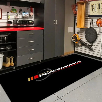 Racing Performance Logo Garage Runner Floor Mat, Black Red Stripe Oil Absorbent Non-Slip Long Rug for Motorcycle Car Workshop Ma