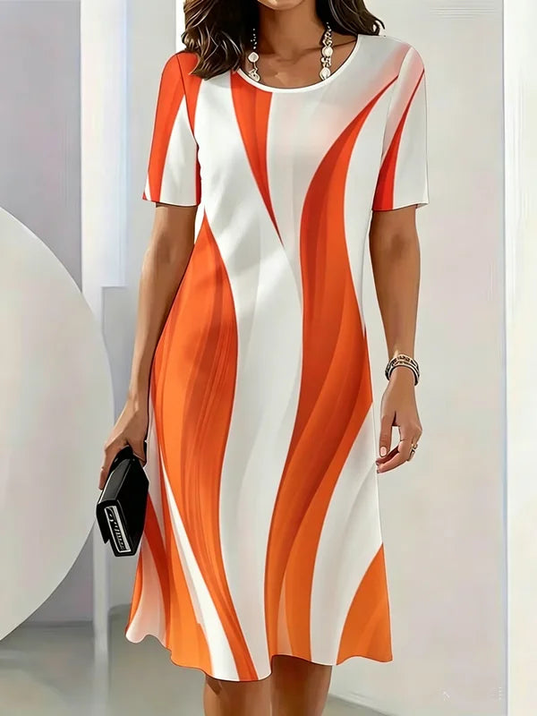 Summer Women Dress Fashion Gradient Striped Pattern Printed Dress Short Sleeve O-Neck Loose Casual A-Line Mini Dress