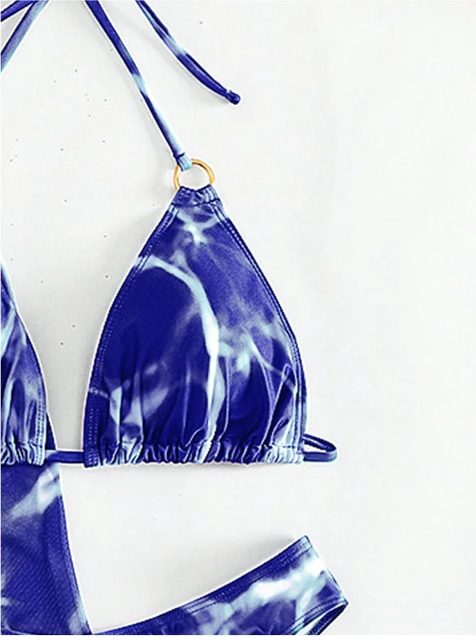 3 Piece Bikini Set Women Swimsuit Halter Cutout Metal Ring Mesh Cover Up Beach Dress Swimwear Bathing Suit