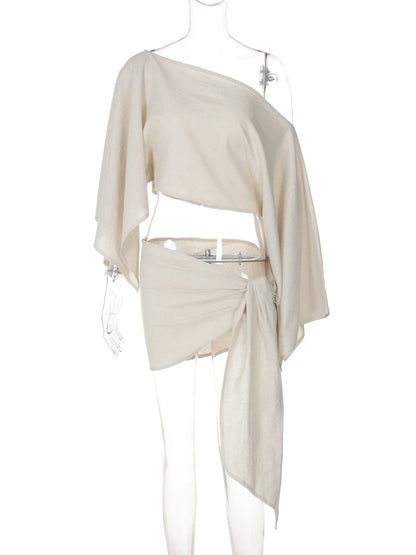 Beach Cover Ups Women Linen Long Pagoda Sleeve Crop Top 2 Piece Set One Piece Twisted Knot Mini Skirt Suit Summer Lady