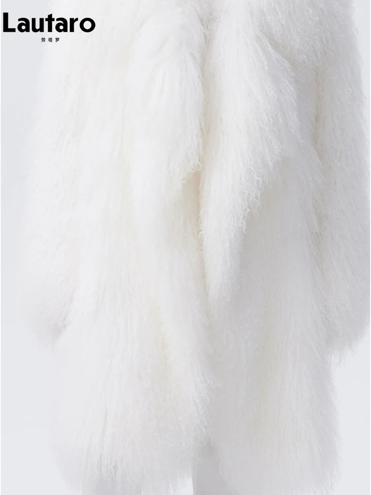 Lautaro Autumn Winter Long Oversized White Thick Warm Soft Faux Fur Coat Women Loose Stylish Luxury Fluffy Overcoat Streetwear