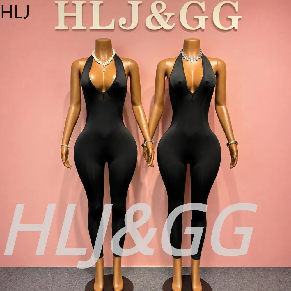HLJ Black Sexy Deep V Halter Bodycon One Piece Jumpsuits Women Bandage Backless Slim Playsuits Fashion Club Overalls Clothing