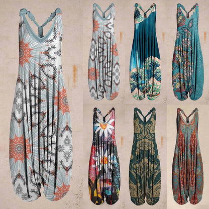 Wide Leg Bohemian Loose Overall Jumpsuit Ethnic Mandala Vintage Paisley Printing Women Rompers Backless Harem Bloomers Playsuit
