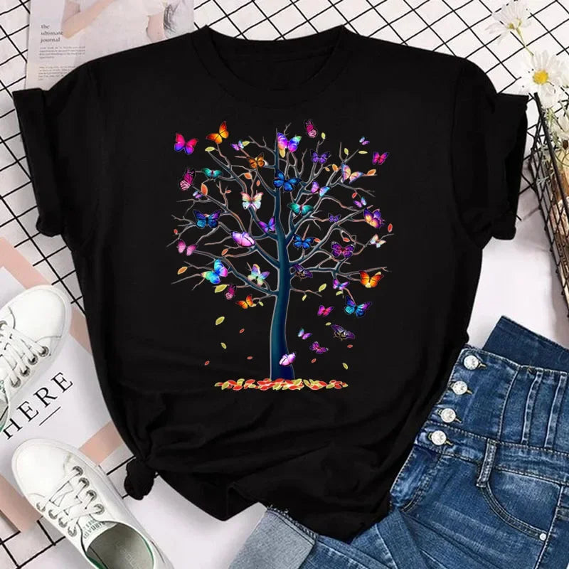 New Fashion Women T-shirt Colorful Butterfly Petal Print Short Sleeve and Round Neck Cute Graphic Tee Shirts Female Tops Clothin