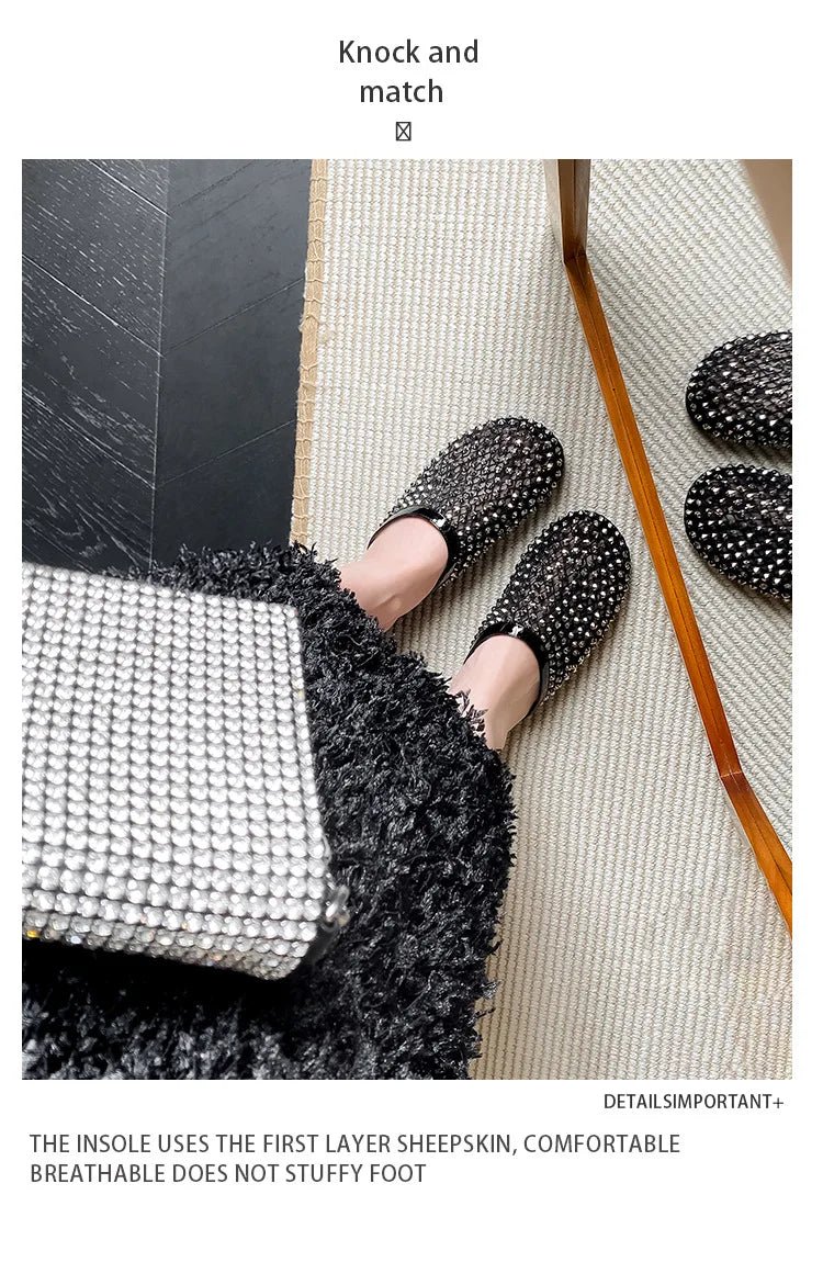 Summer Shoes for Women Slippers Luxury Rhinestone Rivets Casual Sandals Mesh Slip-on Loafers