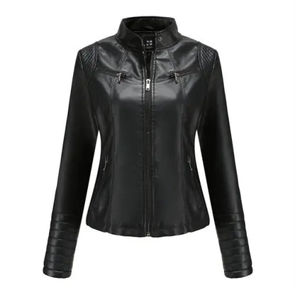 2026 Women's Bright Red V-neck Leather Jacket, Fashion Slim PU Coat, Black Short Outerwear Asia Size XS S M L XL XXL