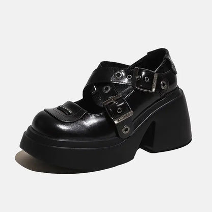 Mary Jane Shoes 2026 New Punk Metal Block Heel Platform Women's Shallow Mouth Buckle Single Shoes