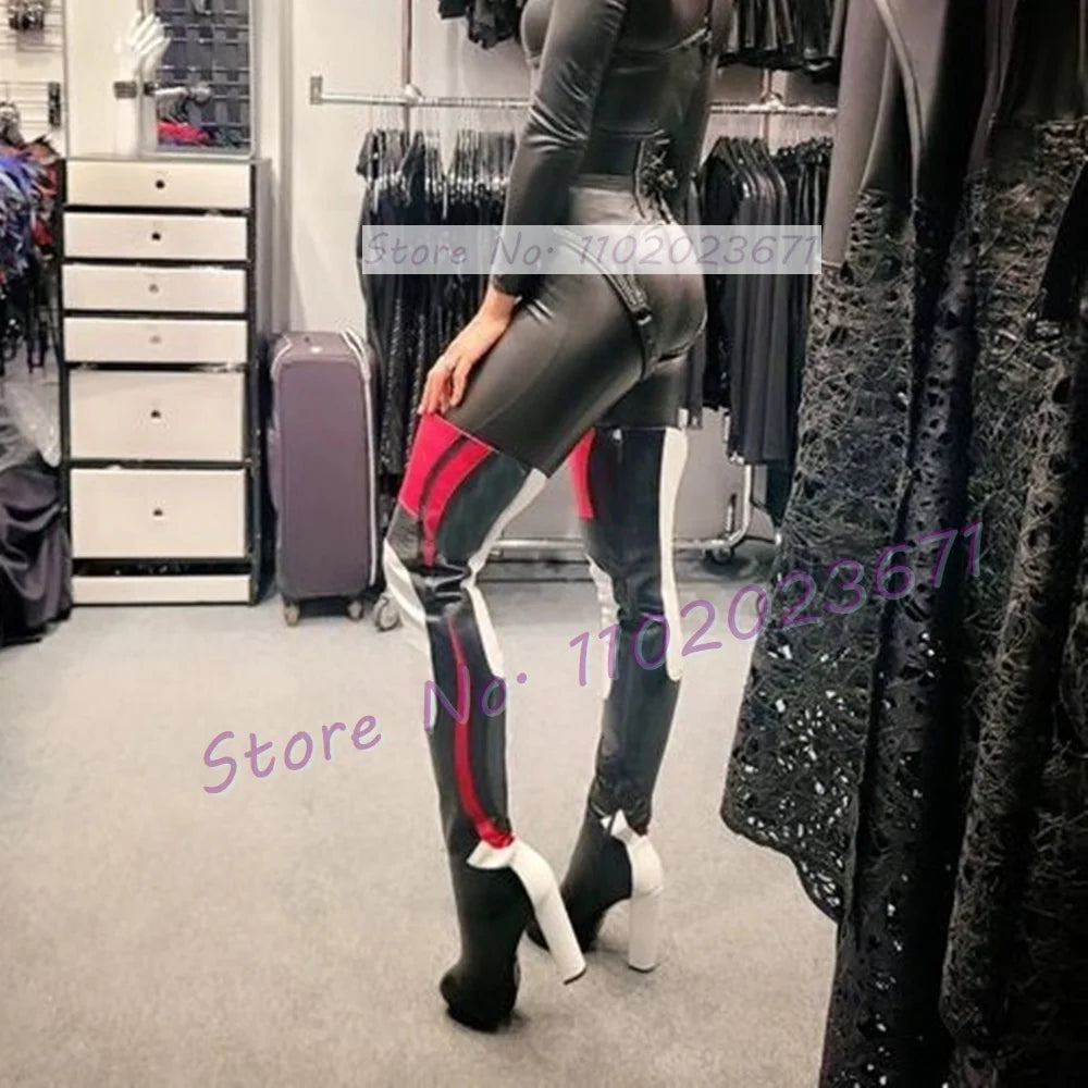 Colorful Patchwork Platform Thigh High Boots Women Sexy Catwalk Slim Round Toe Shoes Female Block High Heel Motorcycle Boots