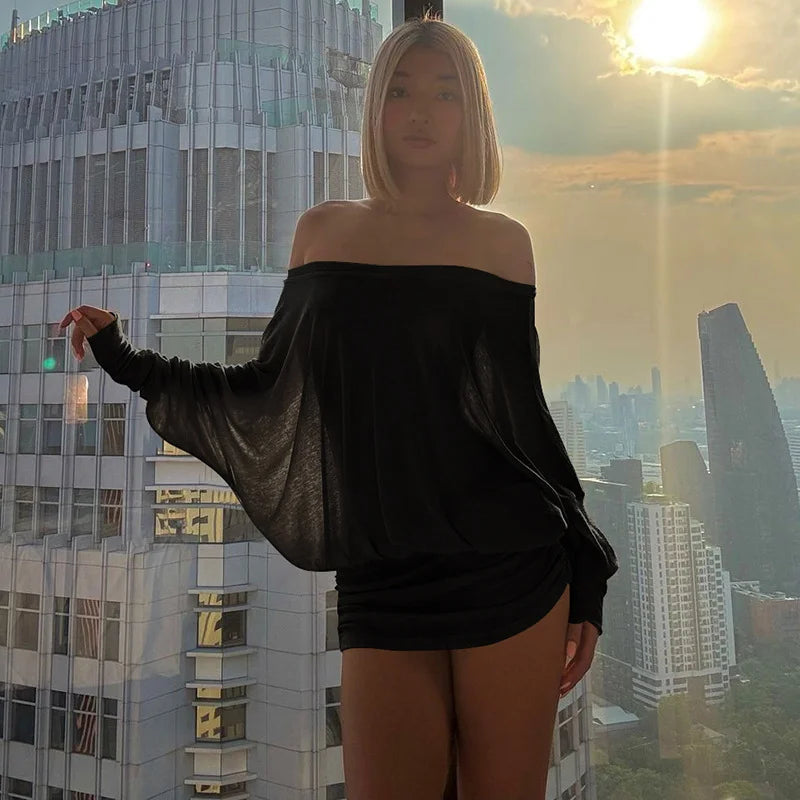 Newly designed niche shoulder long sleeved T-shirt daily high street chiffon women irregular and unique sexy slanted shoulder