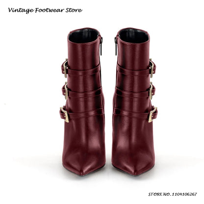 Triple Belt Buckle Leather Ankle Boots Sexy Pointed Toe 12cm High Stilleto Booties Women's Spring Autumn Side Zip Modern Boots