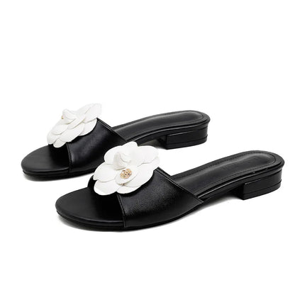 High End Luxury Flower Slippers Women Camellia Shoes Open Toe Slides Femme Outside&Home Pantuflas Sandals Ladies Flip Flops