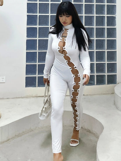 Women's stand up collar tight solid color jumpsuit with metal circle decoration long sleeved all-in-one pants, fitness leggings