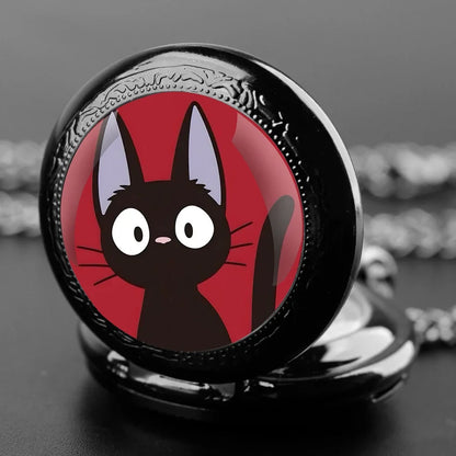 Anime Black Cat Glass Dome Quartz Pocket Watch Arabic Dial Vintage Men Women Necklace Pendant Creative Clock Children Gift