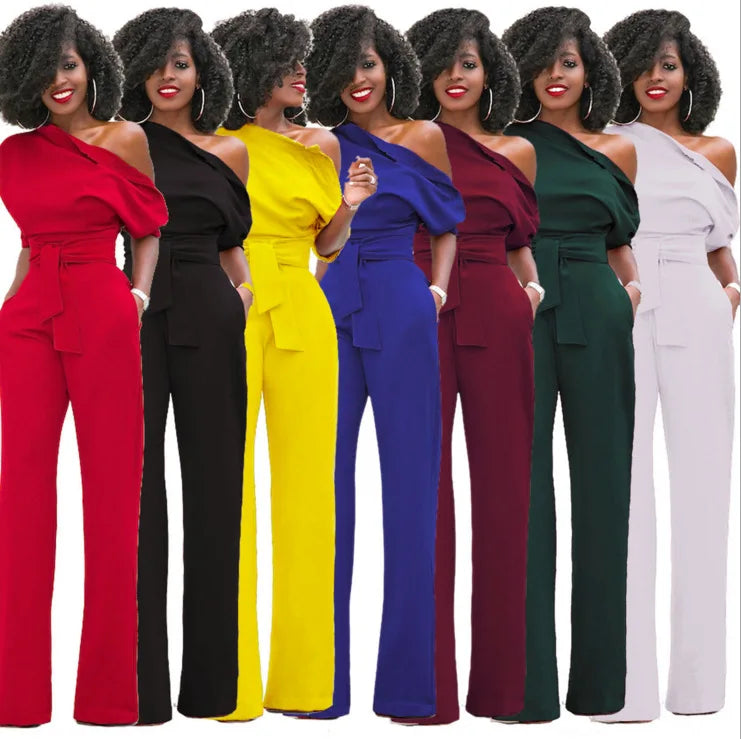 2024 Summer New Fashion Women's Jumpsuit Solid Color Slanted Shoulder Elegant Temperament Sleeveless Long Wide Leg Jumpsuit