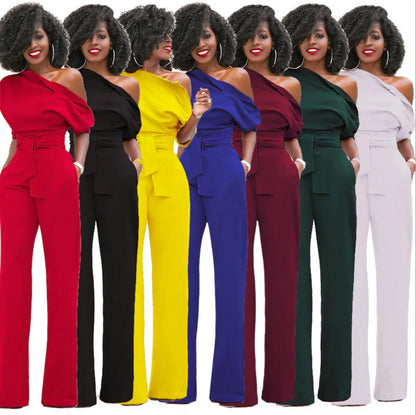 2024 Summer New Fashion Women's Jumpsuit Solid Color Slanted Shoulder Elegant Temperament Sleeveless Long Wide Leg Jumpsuit