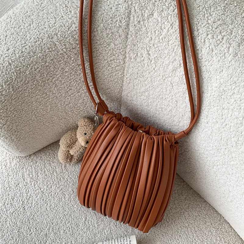 PU Leather Small Square Crossbody Bags for Women 2026 New Fashion Pleated Versatile Phone Shoulder Bag Korean Luxury Handbags