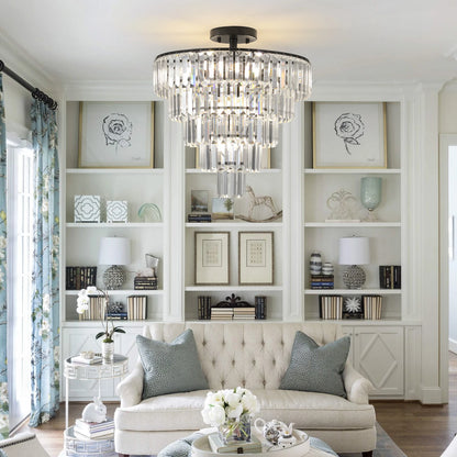 20" Black Crystal Chandelier Ceiling Light, Modern Luxury 10-Light Flush Mount Light Fixture, Elegant Home Lighting