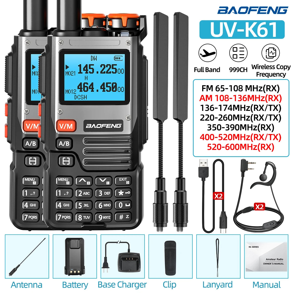 1/2PCS Baofeng UV-K61 Walkie Talkie Multi Band Wireless Copy Frequency 999CH Type-C AM DTMF NOAA UV-5R UV 5RH K6 K5(8) Ham Radio
