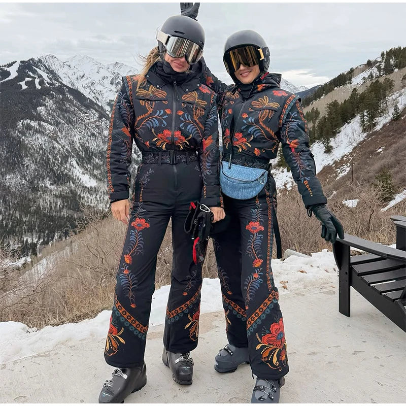 Floral Print One Piece Ski Suit Fashion Hooded Waterproof Thermal Snowboard Jumpsuit 2026 Winter Outdoor Windproof Snow Outfit