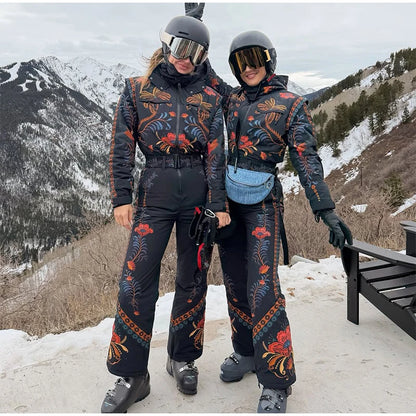 Floral Print One Piece Ski Suit Fashion Hooded Waterproof Thermal Snowboard Jumpsuit 2026 Winter Outdoor Windproof Snow Outfit