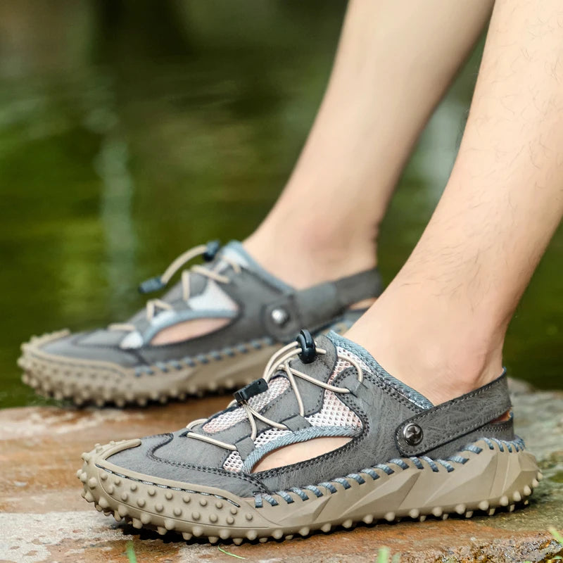 Mens Sandals Summer Outdoor Casual Mesh Hollow Walk Fishing Wading Shoes Lightweight Non Slip Hand Sewn Beach Slippers Man